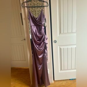 Silk lavender prom dress with slit and ruffles